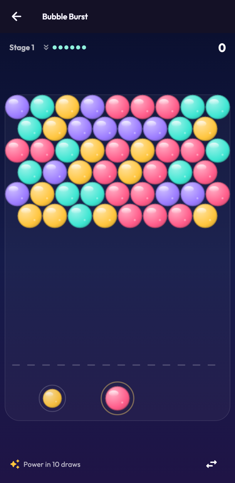 Bubble Burst in KhelNest: a colourful bubble field, aiming launcher, power countdown and swap control