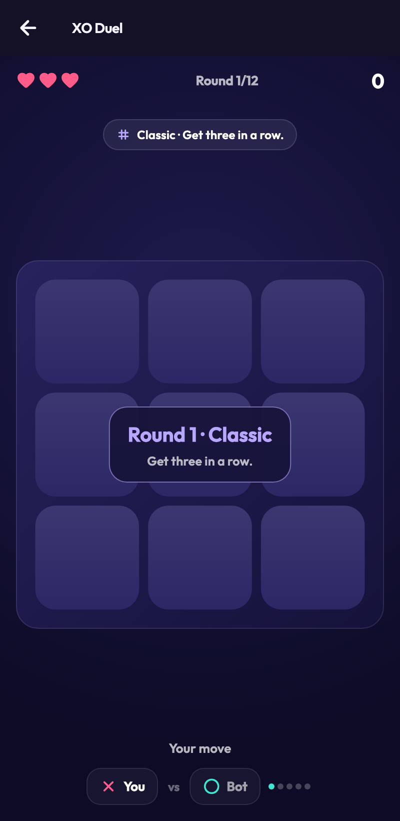 XO Duel in KhelNest, showing the actual game board and round controls